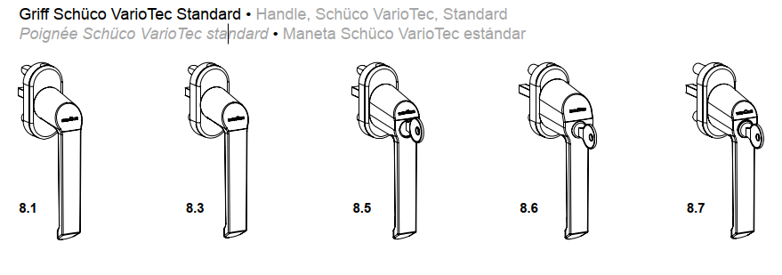 Schüco VarioTec, Griffe, Schüco Griff Akustik, Schüco Griff Sperrtaste, Schüco Griff abschließbarer Typ 50, Schüco Griff abschließbar Typ 100 Standard, Schüco Griff Kipp vor Dreh Standard (KvD)